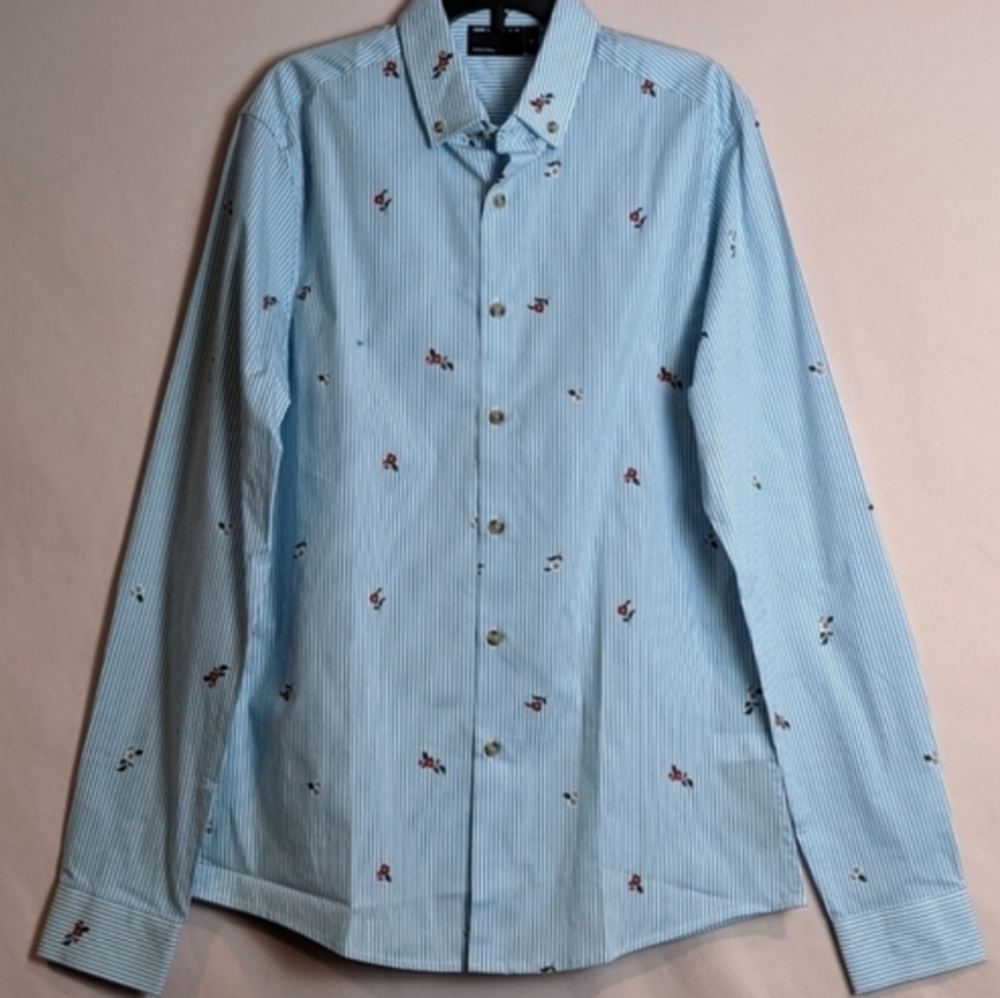 ASOS Blue and White Striped Floral Long Sleeve Button Down Shirt size XS
